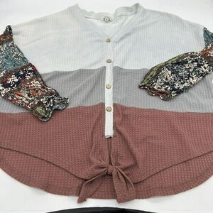 Umgee Plus Waffle Knit Front Tie Blouse Floral Sleeves Size 1XL